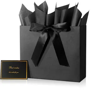 Elegant Black  Bag 11.8"x4.5"x9.8" with Ribbons Handles, Includes Card and Tissue for Weddings, Birthdays,  Shower Parties, Holidays