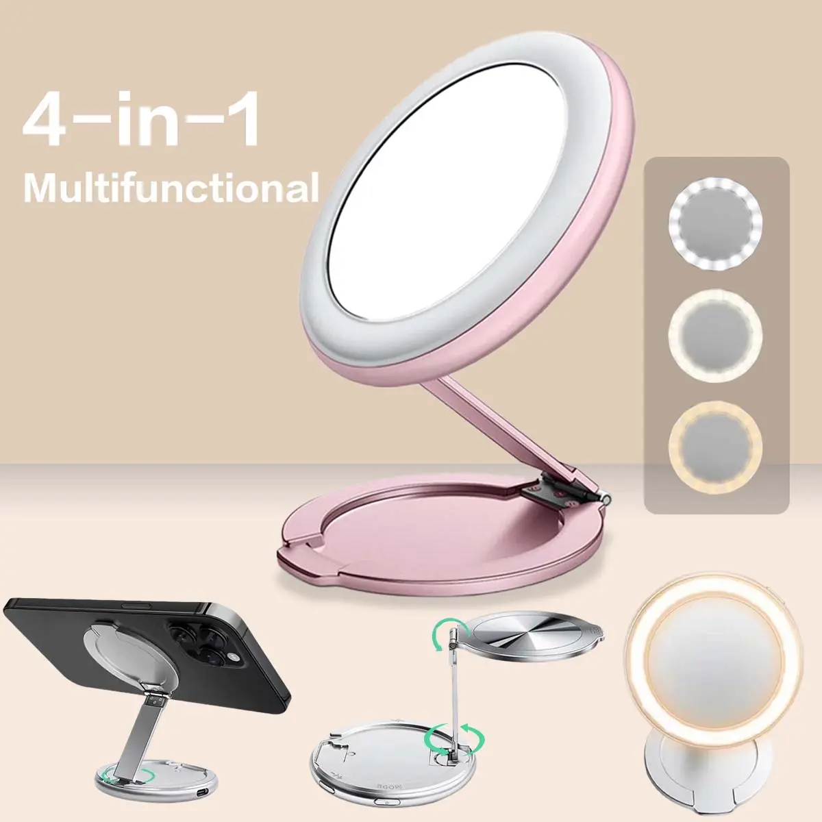 Multi-functional 4-in-1 Magnetic Selfie Light Mirror, Portable Foldable Pocket Makeup Mirror, Adjustable Phone Stand, Must-Have Practical Beauty Tool for Fashionable Women, Stylish Aesthetic Gift for Girls