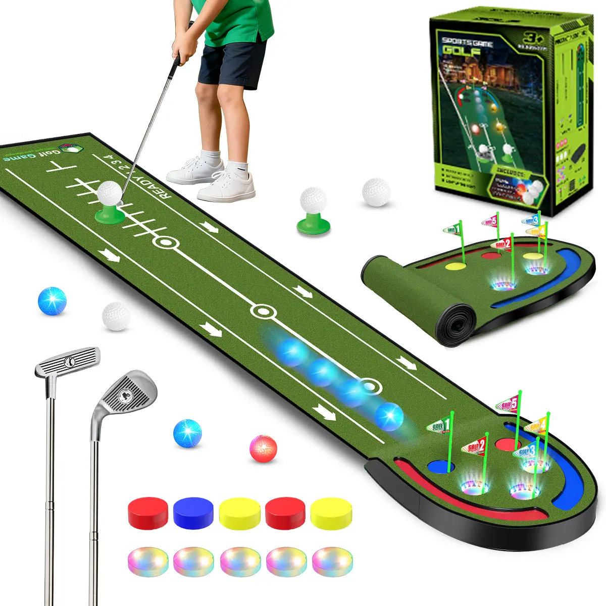 Vatos Upgraded Golf Putting Mat for Kids, 7.8 Ft Putting Green with LED Light up Holes, Glowing Balls, 2 Clubs, Toy Golf Game Set, Golfing Mats Indoor Outdoor, Sport Golf Gift for Kids Teens Family backtoschool