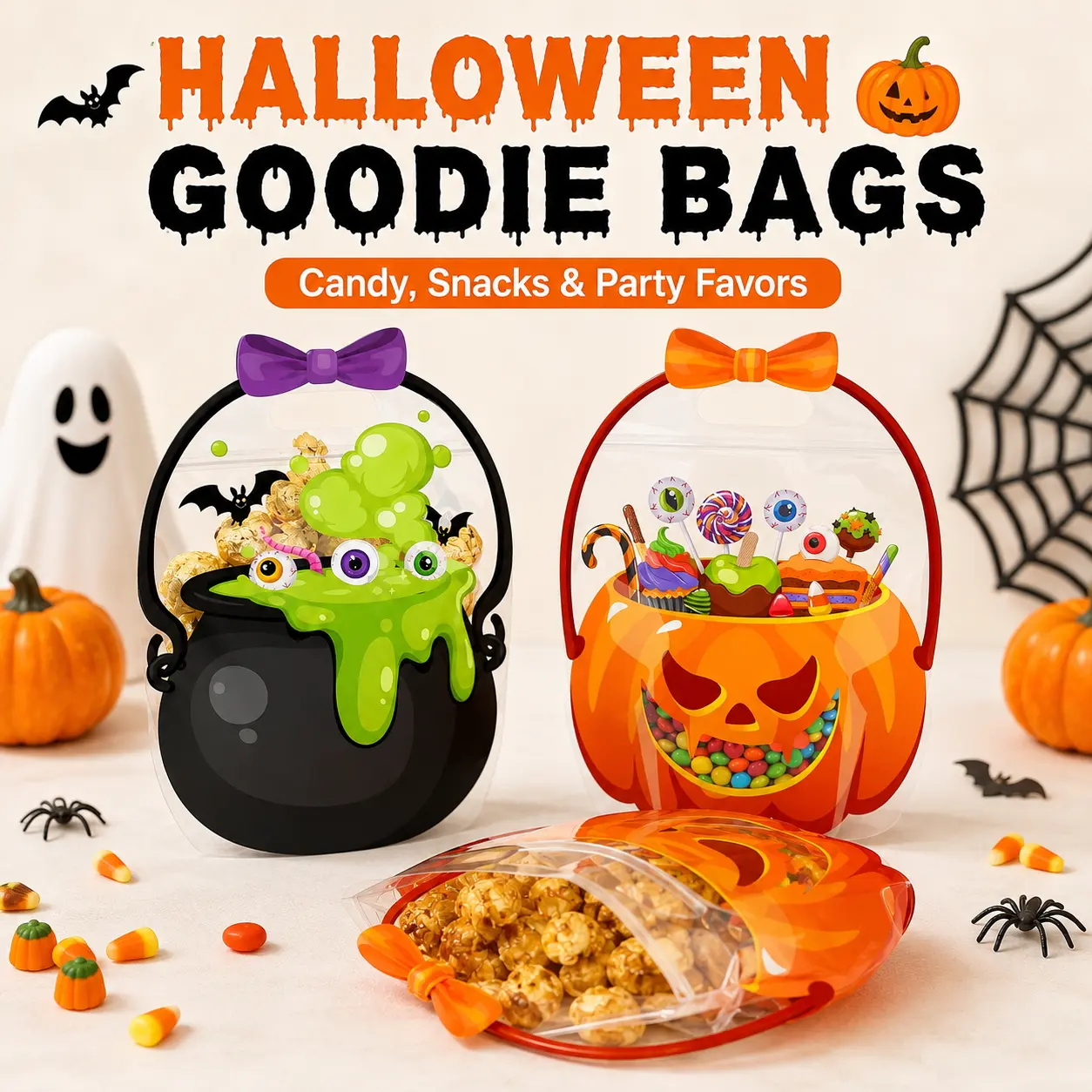 12/24/36/48/60 Pcs Halloween Plastic Goodie Bags, Trick or Treat Candy Bags, Cauldron, Skeleton, Black Cat, Skull, Pumpkin Pattern Treat Bags, Halloween Party Favor Snack Storage Bags for Classroom, Birthday, Students, Teachers, Neighbors