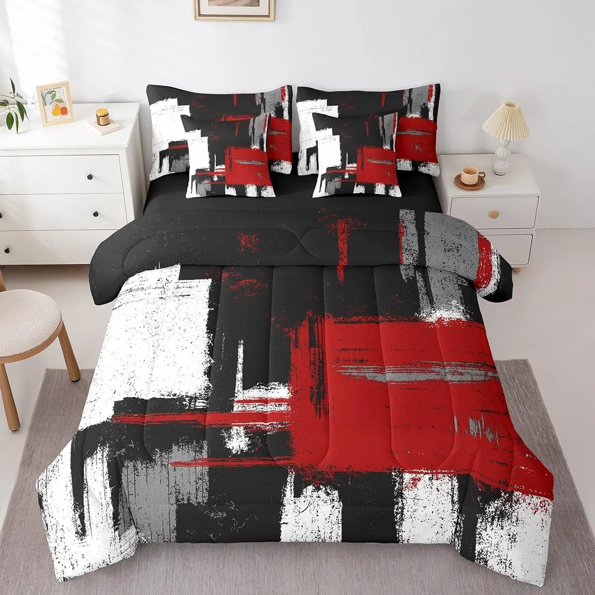 Red Black White 7 Piece Bedding Set Abstract Morden Comforter Set Buffalo Check Bed Set Includes Comforter,Sheet Set,Pillowcases & Pillow Covers Bedroom Decor Soft Microfiber Geometric