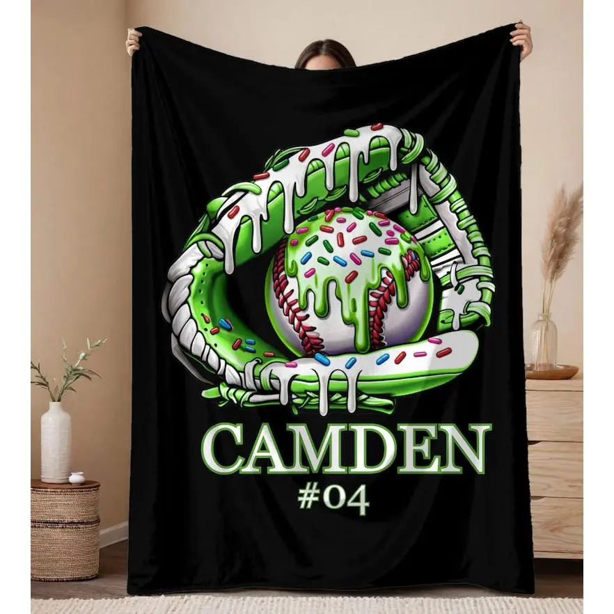 Custom Drip Baseball Blanket - Personalized with Name & Player Number, Multi-Size, Machine Washable Print, Custom Blankets for Watch Parties, Kids' Team Gift