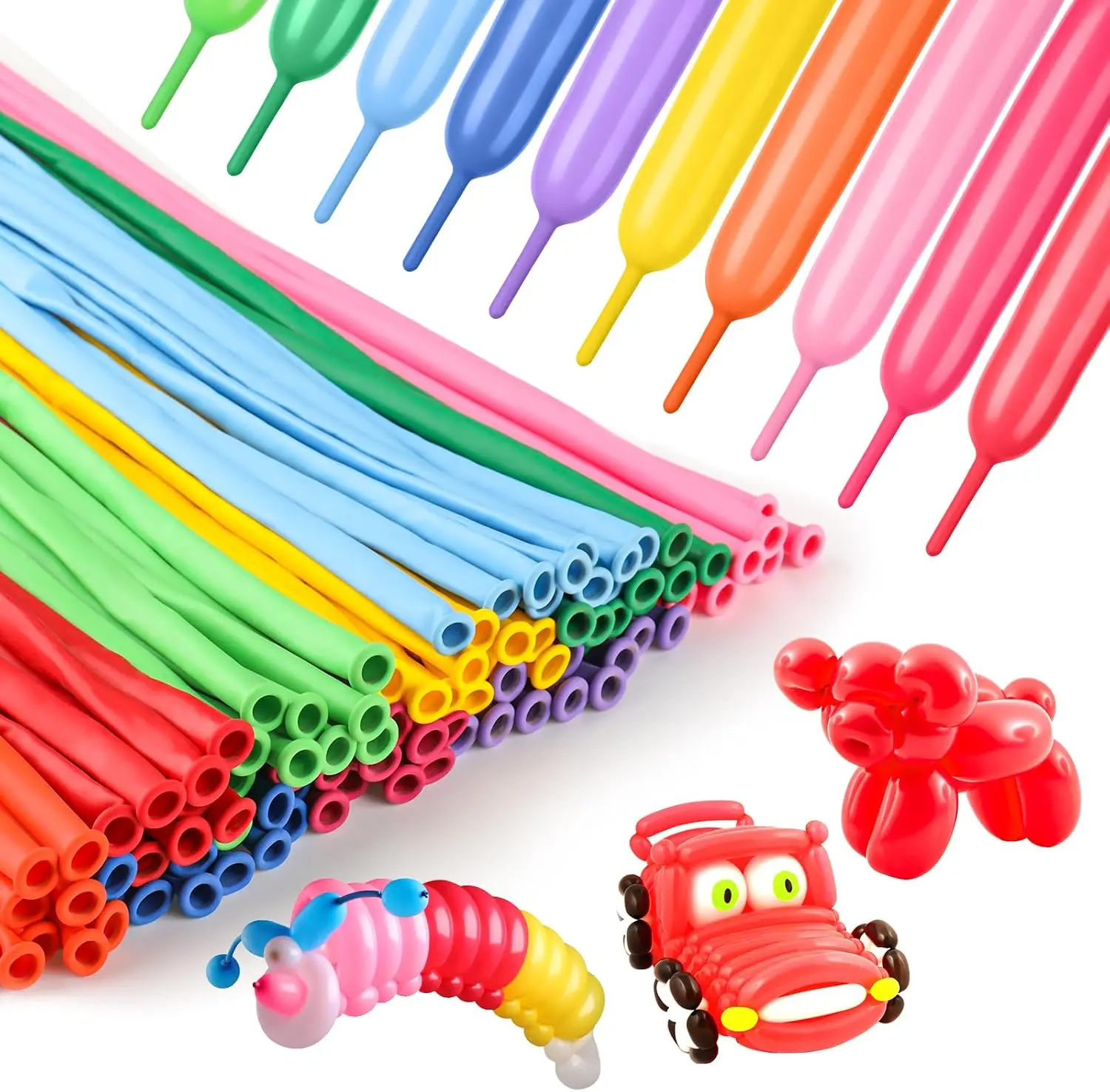 100-Count Natural Latex 260 Long Twisting Balloons, Rainbow Color, with Balloon Pump, for Kids' Birthday, Christmas Parties, Animal-Shaped Decor