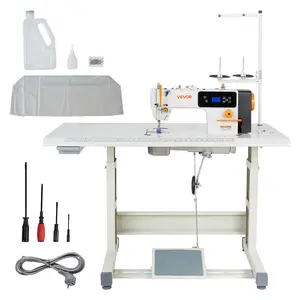 VEVOR Industrial Sewing Machine, 550W Lockstitch Sewing Machine Set with Servo Motor and Table Stand, Auto Thread Trimmer, 5000 SPM High Speed, Metal Frame, LCD Panel, LED Light, for Cotton, Denim