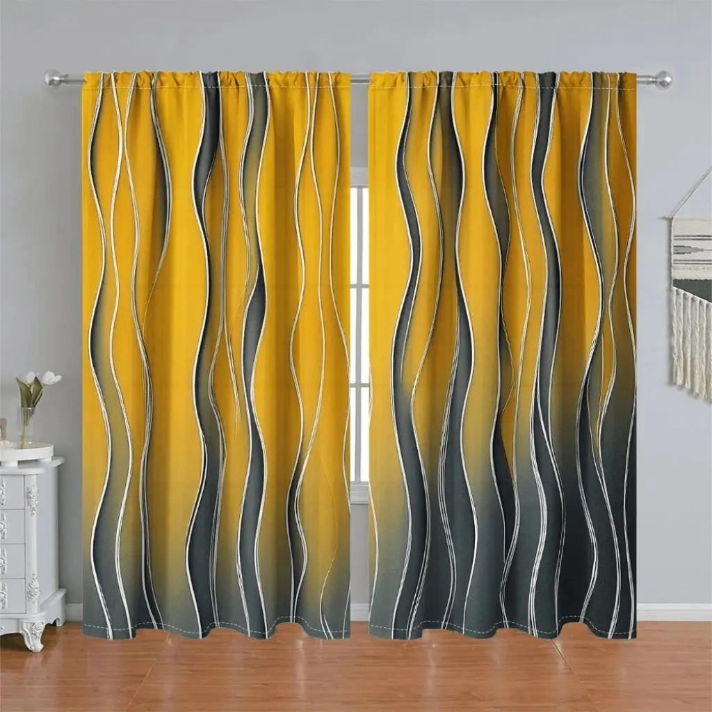 2Pcs 2-piece, abstract wavy pattern curtain panel, gradient yellow and grey tones, pole pocket style, semi sunshade polyester fiber, suitable for home living room, bedroom, balcony, kitchen, study shower window decoration, accessory, anti pri