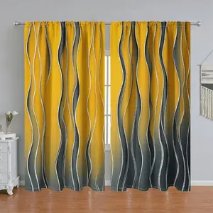 2Pcs 2-piece, abstract wavy pattern curtain panel, gradient yellow and grey tones, pole pocket style, semi sunshade polyester fiber, suitable for home living room, bedroom, balcony, kitchen, study shower window decoration, accessory, anti pri