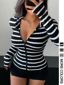 Women's Simple Striped Zipper Hoodie, Casual Daily Wear, Comfortable and Stylish, Perfect for Spring & Fall Seasons