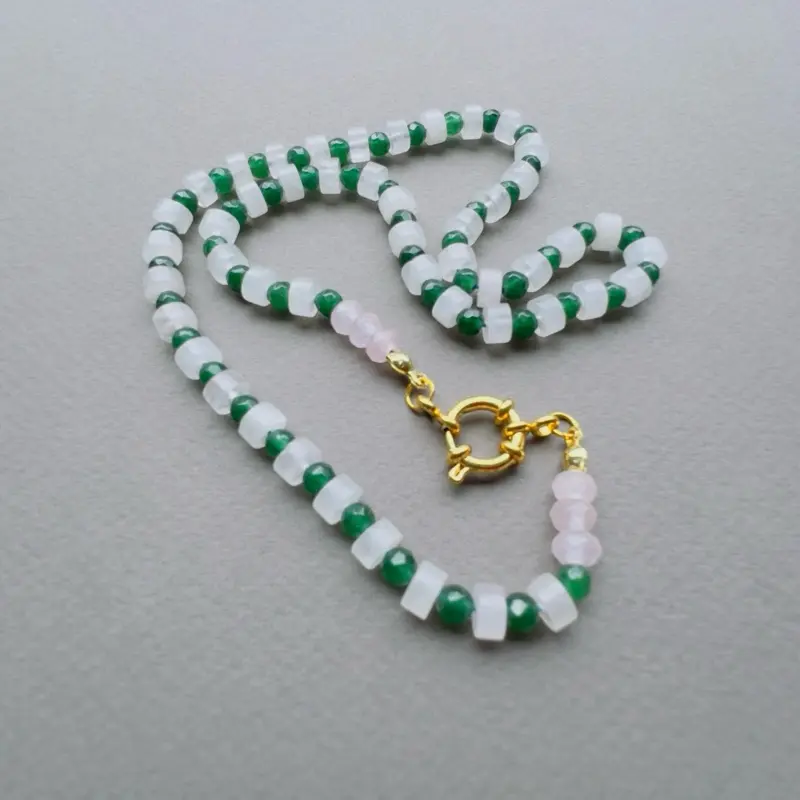 Rose Quartz + Green Jade handmade crystal necklace