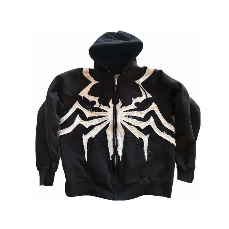 American Gothic Spider Embroidered Hoodie - Y2K Zipper Design Unisex Regular Fit Sweatshirt, Black with White Spider Graphic, Machine Washable Casual Streetwear for Men & Women, Spider Hoodie, Casual Attire, Bold Graphic, Sturdy Construction, Alternative