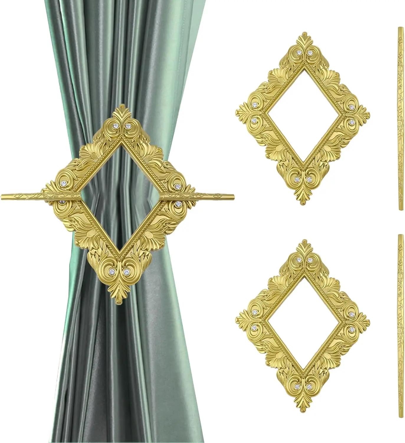 2 Pack  Curtain Tiebacks Square Curtain Holdbacks Plastic Curtain Clips Buckle Drapery Holdbacks  Drapery Tiebacks for  Window Decoration, with Fixing Rod ( Rhombus)