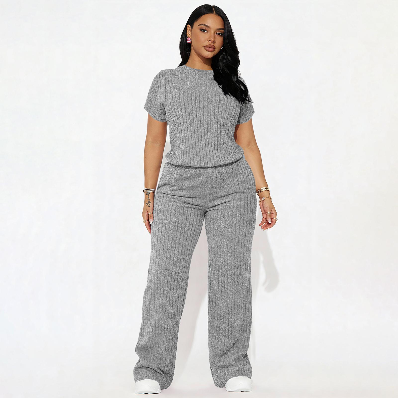 Women's Premium Ribbed Knit Co-ord Set for Spring & Summer – Short Sleeve Crew Neck Top & Straight Leg Trousers – Elegant Loungewear for Work from Home & Weekend Outings