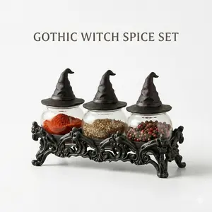 Witch Hat Spice Jar Set, Gothic Vintage Glass Seasoning Jars with Base and Creative Lid, Kitchen Decor, Halloween Gift