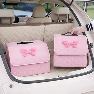 Pink Bow Car Trunk Storage Box, High-Value Design, Foldable Large Capacity, Wear-Resistant & Waterproof, Car Clutter Organizer, Must-Have Decoration For Girls' Cars, Say Goodbye To Messy Car Interiors Multi-Compartment Universal Backseat SUV Multiple