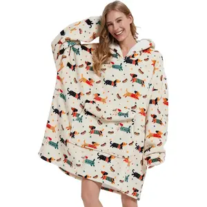Mewkou Wearable Blanket Hoodie for Adult,Oversized Sherpa Fleece Blanket Hoodie for Women Men,Dachshund