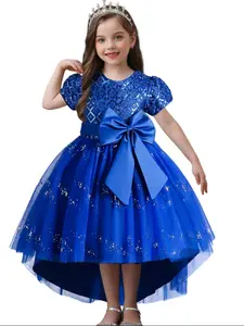 Girl's Glitter Dot Sequin Bow Decor Tulle Dress, Elegant Contrast Mesh Sleeveless Party Pageant Gown, Kids Clothes for Evening Party