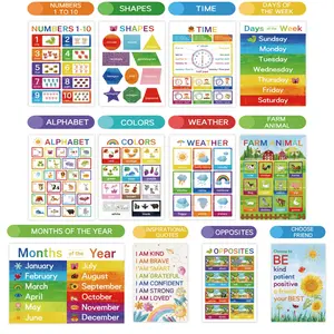 Bohemian Style Classroom Posters Set, 12 Laminated Educational Prints, Montessori Alphabet/Time/Shapes Learning Decor, Neutral Tones - Perfect for Preschool & Elementary Teachers, Visual Learning Tools, Classroom Supplies Charts