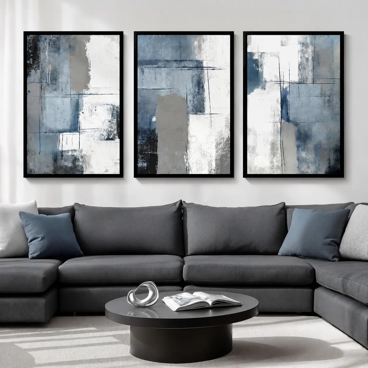 Large Framed Blue and Grey Abstract Wall Art for Living Room, 3 Piece Modern Canvas Prints Paintings Artwork for Walls, Minimalist Abstract Pictures Wall Decor for Hallway Office Bedroom 24x36 In