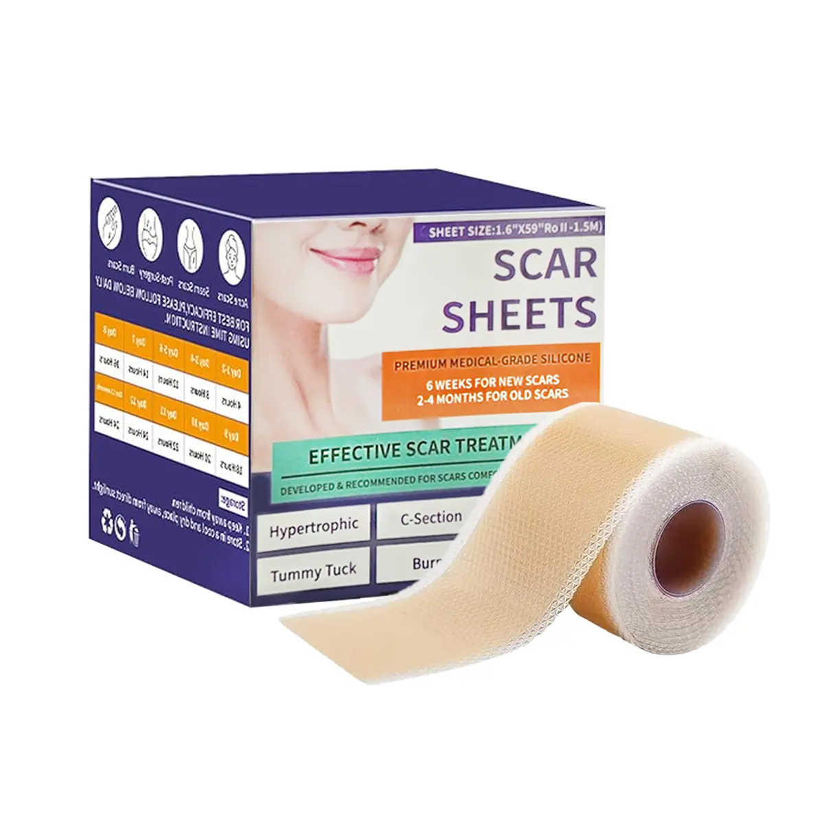 Silicone Scar Sheets,Silicone Scar Tape,Silicone Scar Removal Strips for Surgical,C-Section,Tummy Tuck,Keloid Scars (1.6"X 59" Roll-1.5M) Keloid Bump Removal