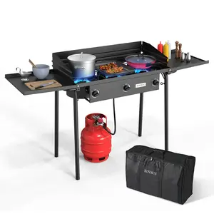 [FLASH SALE] ROVSUN 3-Burner 225000 BTU Windproof Camping Propane Stove with Side Shelves & Bag