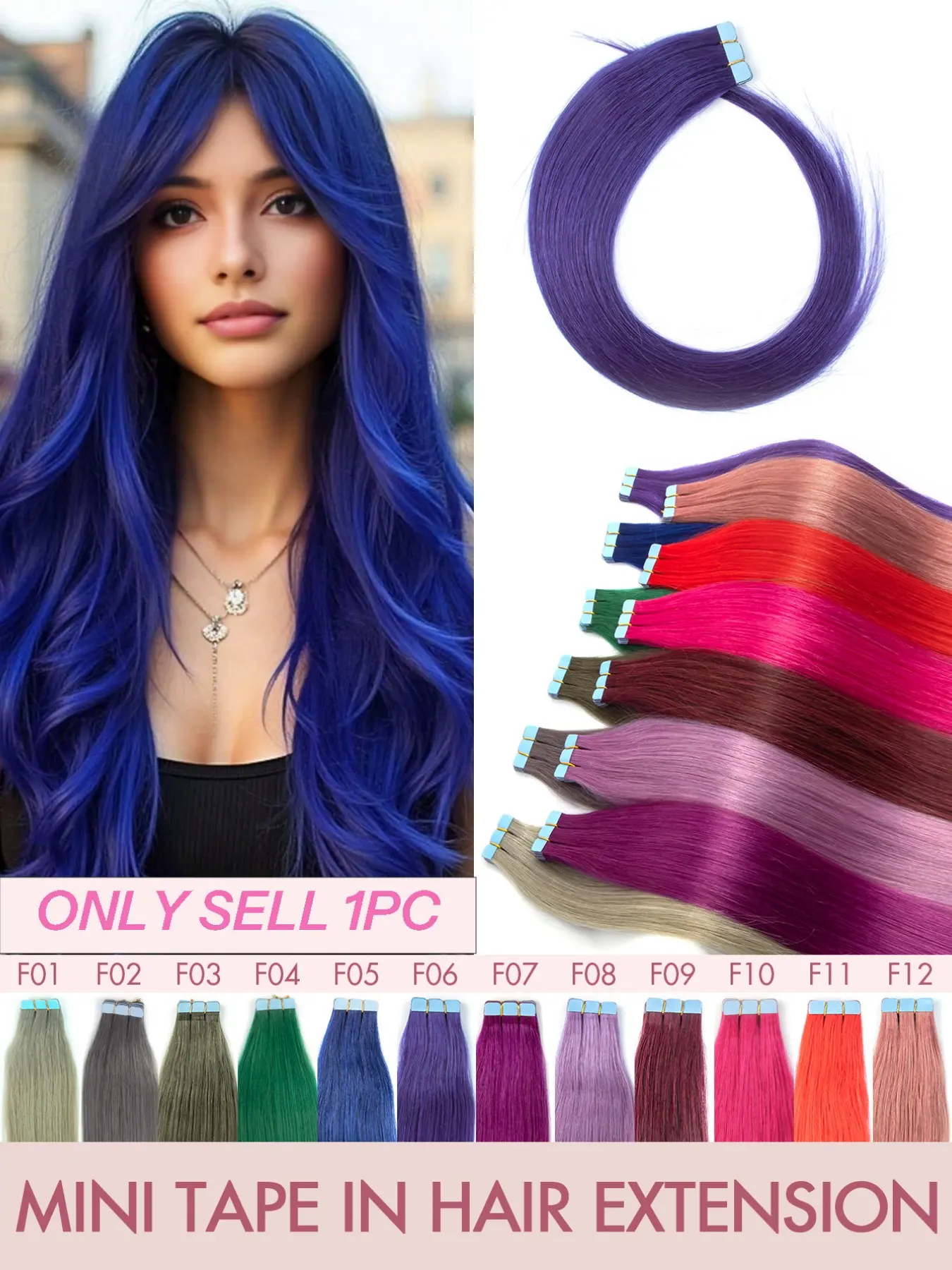 10-Piece Real Hair Extensions, Straight Blue Color, Mini Invisible Silk Smooth Texture, Seamless Integration Leather Weave, Easy Wear for Women, Human Hair Extensions