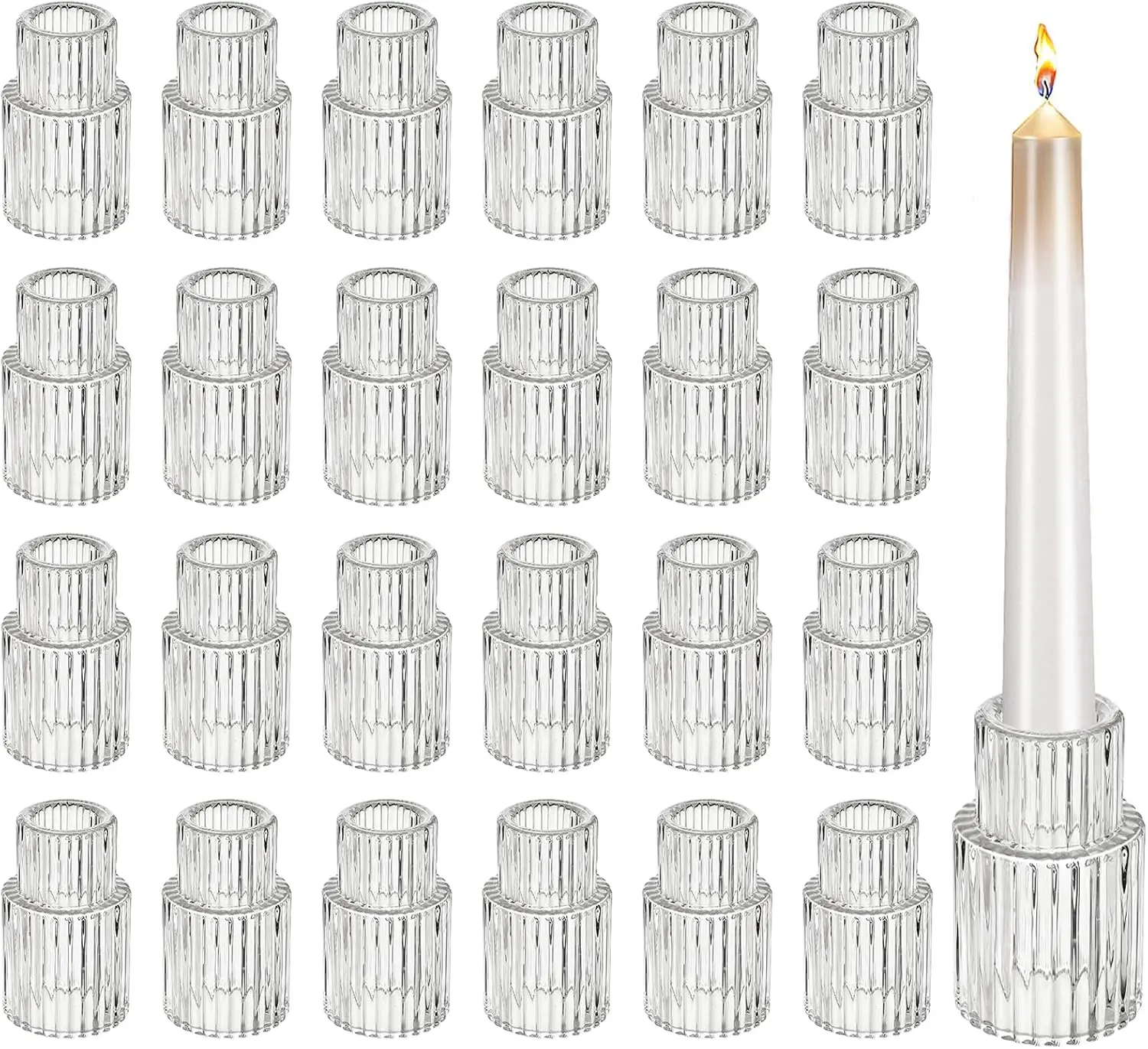 24 Packs Glass Taper Candle Holders, Clear Ribbed Candlestick Holders Bulk, Small Thick Glass Candle Stick Holders for Wedding Table Centerpieces, Party Favors, Christmas Dining Decor