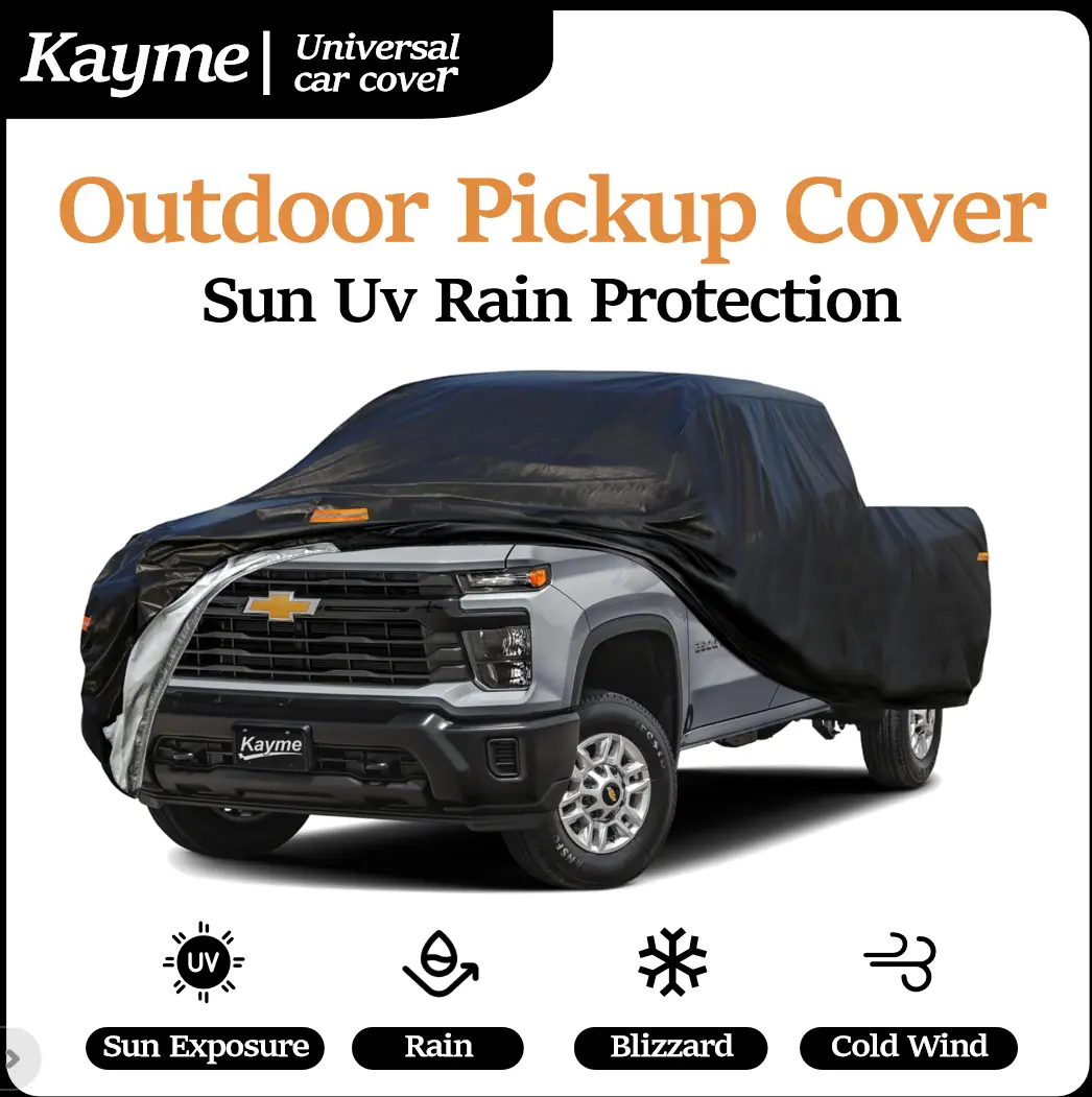 KAYME 6-Layer Heavy Duty Waterproof Pickup Truck Cover, Cotton Fabric Paintsafe Cotton Material, UV Sun Rain Protection with Wind Straps & Reflective Strips, Universal Fit up to 228" (Fender Flares Compatible), M, Soft Paint Guard