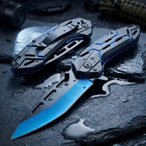 [Father's Day Top Gift] Men's Black-Blue Geometric Hollow Tactical Folding Pocket Knife, Quick-Open Stainless Steel Sharp Blade, Belt Clip, Lightweight EDC Utility Cutting Tool for Camping, Hiking