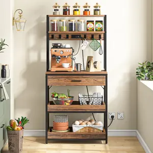 LITTLE TREE Kitchen Bakers Rack with Power Outlets, 5-Tier Microwave Oven Stand with Drawer and Sliding Shelves, Freestanding Coffee Bar, Kitchen Storage Shelf with 6 Hooks