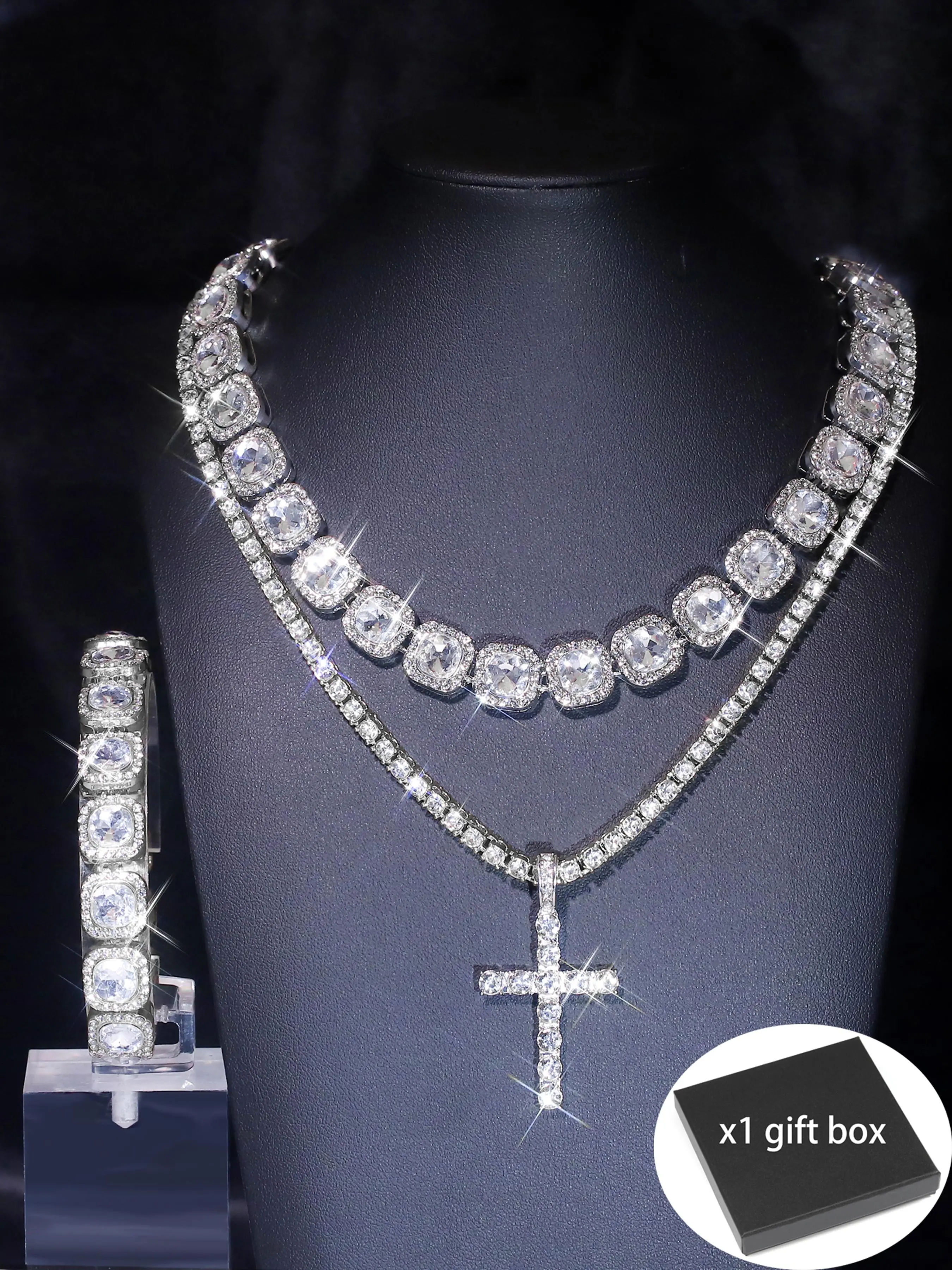 Rhinestone Decorated Cross Necklace & Bracelet, Fashion Jewelry for Party, Daily Clothing Decor, Trendy All-match & Exquisite Jewelry for Birthday Gift, Fashionable Jewelry Set, Matching Jewelry Set