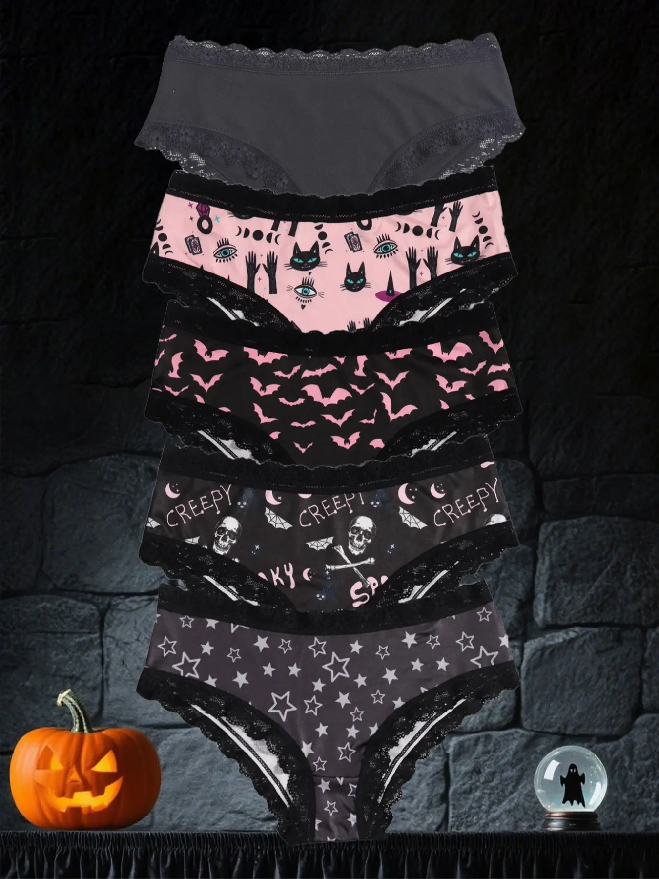 Morvia 5pcs Sexy Cute Gothic Halloween Contrast Lace Hipster Panties, Allover Print Comfy Intimates Briefs Panties, Women's Underwear & Lingerie, Fashion Comfy Underwear, Contrast Lace Panty