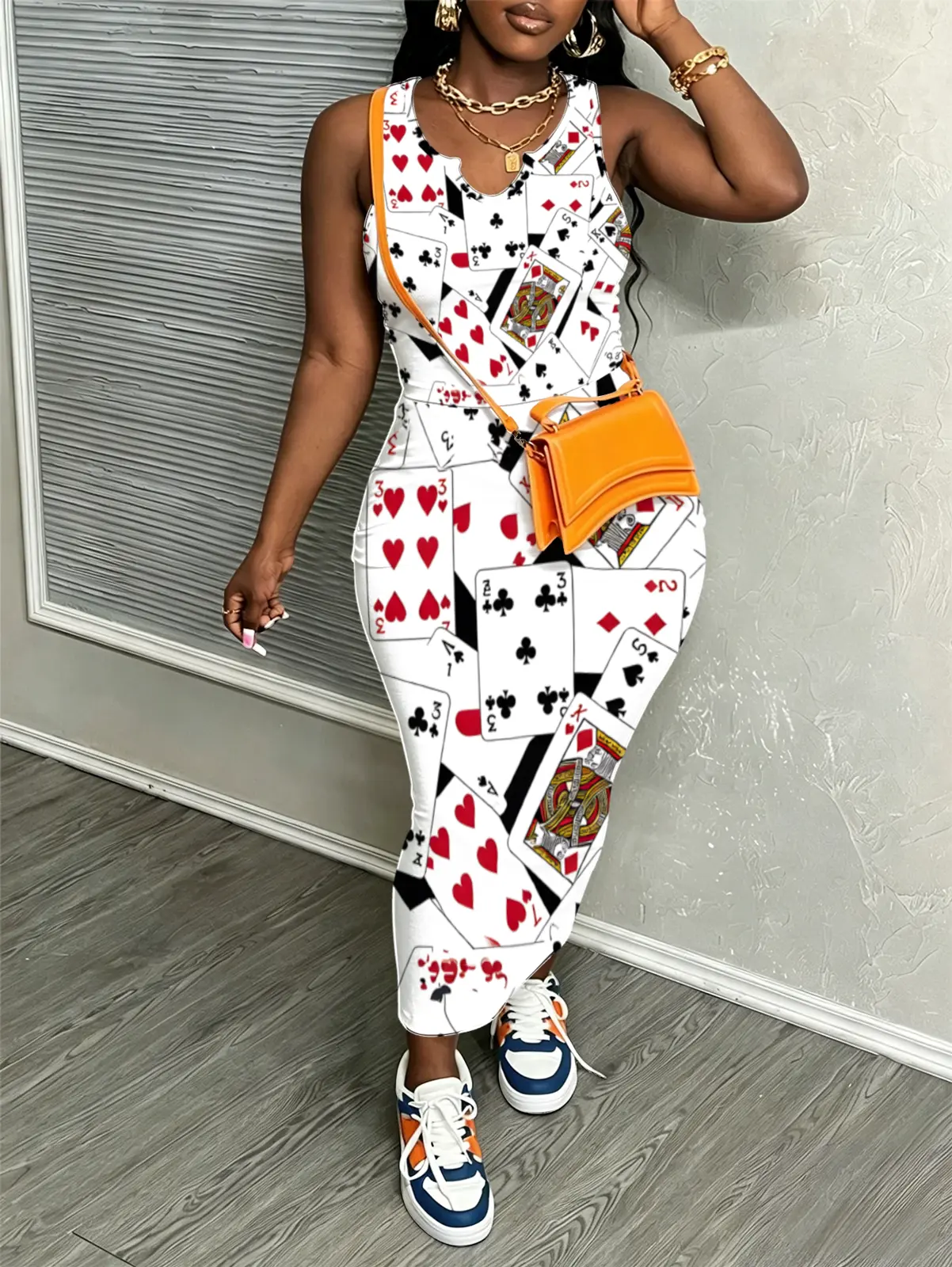 Women’s Plus Size Poker Casino Print 2 Piece Matching Set, Curvy Y2K Sexy Bodycon Sleeveless V-Neck Top & Stretch Midi Skirt, Vegas Club Party Vacation Outfit 0XL-8XL
