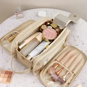 Travel Toiletry Makeup Bag Organizer Bags for Women, Large Hanging Cosmetic Skincare leather Bags Toiletries, Waterproof Portable Pouch Open Bag Make up Organizer with Divider ﻿