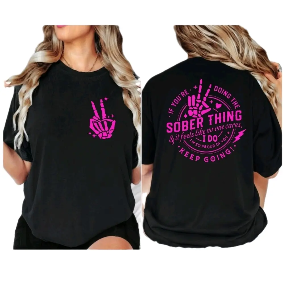 sober shirt recovery proud keep going popular retro Short sleeve tshirt Unisex black and pink