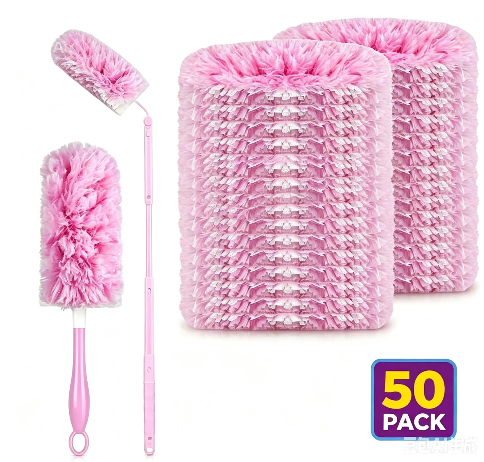50 Count Heavy Duty Duster Compatible with Swiffer Duster, Disposable Microfiber Duster Refills with 1 Short Handle and 1 Extendable Handle Cleaning Light Pack Gloves