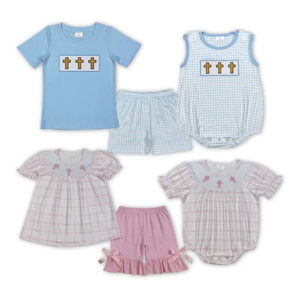 Boys' 4-5 Years Fitted Cut Short-Sleeve Easter Suit Matching Set - Vest Outfit with Embroidered Cross, Printed Details, Soft Fabric, Matching Sets, Cousins, Besties, 3 - 4 Years, 3/6M - 7/8T, Family Photo, Pastels Print, Family Events, 4T