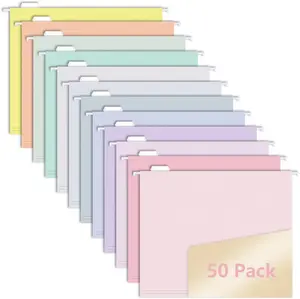 50pcs Hanging File Folders, Pastel Color Design, Letter Size with 1/5 Adjustable Cut Tabs, 12 Assorted Styles, Decorative, Suitable for Drawer, Desk and Cabinet Use