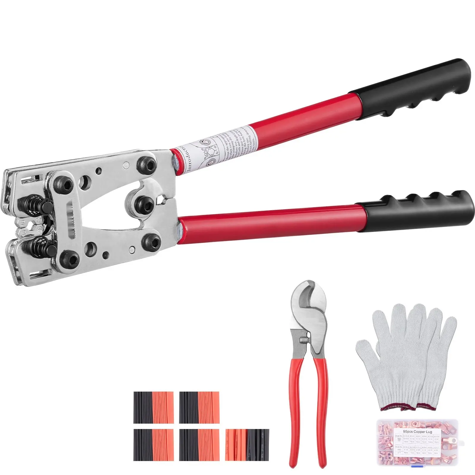 Crimping Tool For AWG 10-1/0 Copper And Aluminum Battery Terminal Lugs, 6 Die Sizes, Includes Crimp Die Kit, Cutting Pliers, Gloves, 95 Pieces Copper Ring Connectors, 100 Pieces Heat Shrink Tubes, Wiring Tool Kit