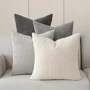 Set of 4 Neutral Grey Corduroy Decorative Couch Throw Pillow Covers 18x18 Inch, Western Modern Farmhouse Striped Cushion Cases, Soft Boho Square Accent Pillow Covers for Home Sofa