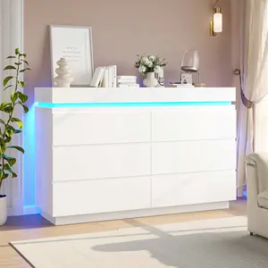 Sikaic LED Lights Dresser for Bedroom with Charging Station and Sliding Desktop Drawers Large Storage Tower Clothes Organizer Cabinet Apartment Furniture