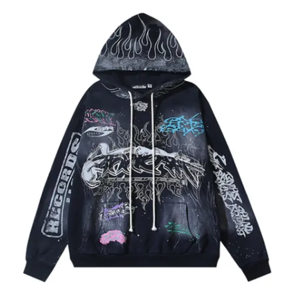 Hellstar Flame Black Tracksuit, Oversized Y2K Graphic Hoodie & Sweatpants Set, Streetwear Matching Outfit