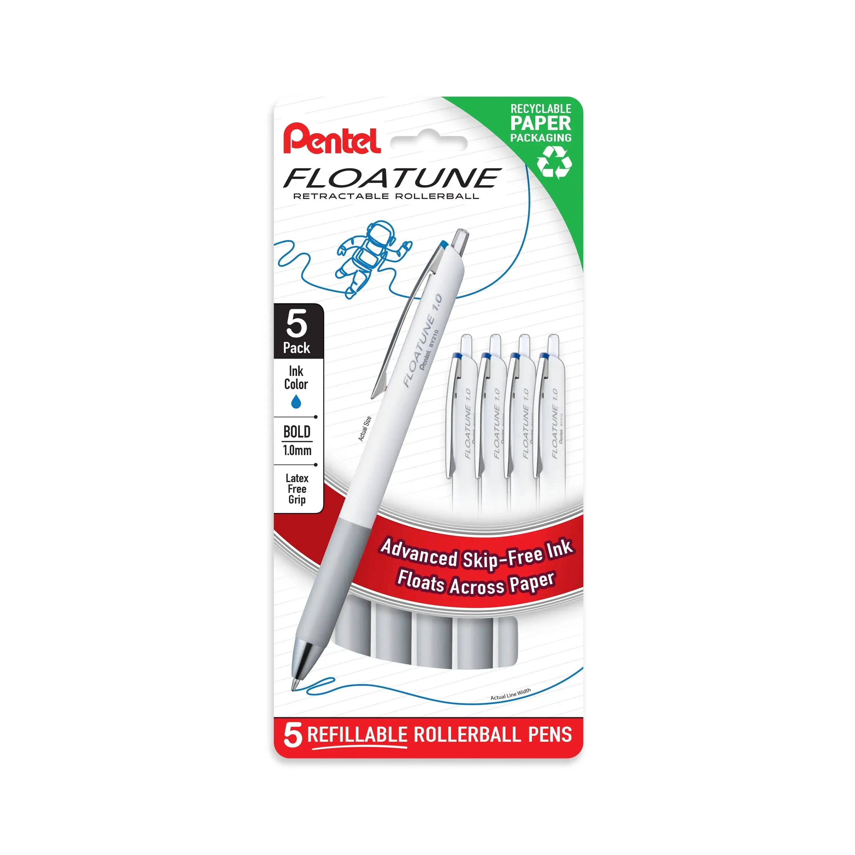 Pentel Floatune Retractable Oil-Inked Rollerball Pens Set - 1.0mm Bold Point, 5-Pack Retractable Ballpen, Smooth Writing Pens for Office Stationery Supplies, School Supplies, Advanced Oil-Infused Ink Formula