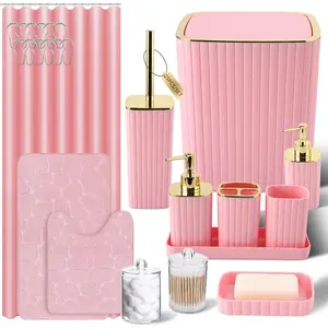 Pink Bathroom Set with Shower Curtain and Rugs- 25PC Bathroom Accessory Set, Pink Shower Curtain Set, Toilet, Trash, Qtip Holder Dispenser & Soap Dispenser shower curtain liner pattern bathroom decor set shower curtain set