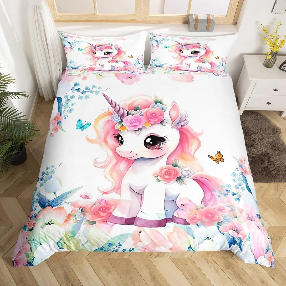 Cute Unicorn Bedding Set, Full Size, Cartoon Dream Horse Quilt Cover Set, Duvet Cover, Includes One Fitted Sheet and Two Pillowcases, Floral Bedding Sets, Cartoon Printed Bedding