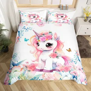 Cute Unicorn Bedding Set, Full Size, Cartoon Dream Horse Quilt Cover Set, Includes One Fitted Sheet and Two Pillowcases