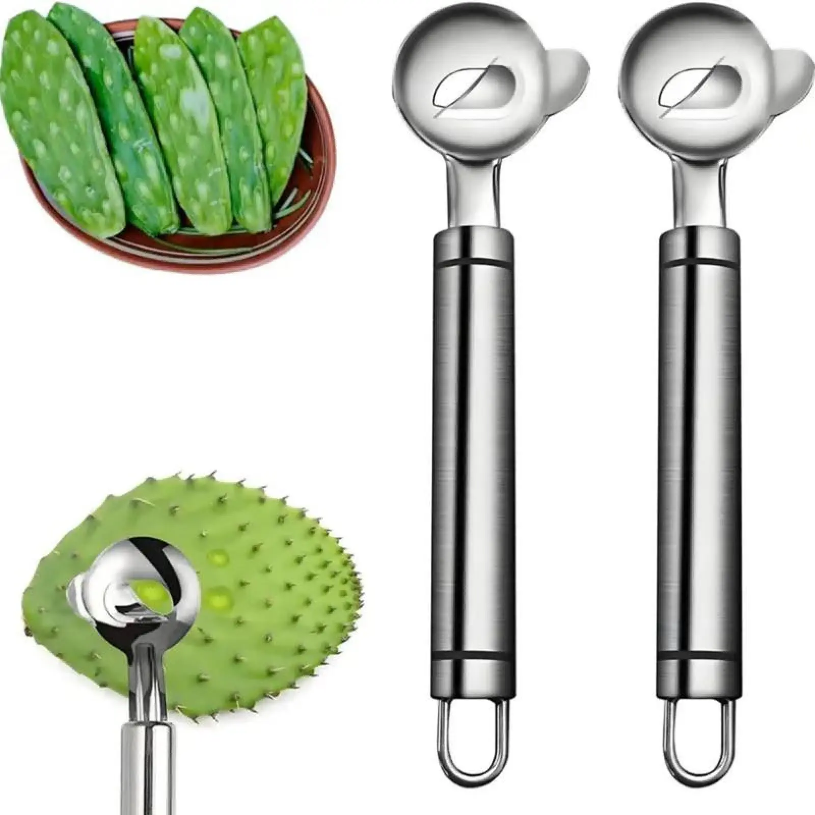 2-Count Stainless Steel Nopales Cactus Peeler - Durable Easy-Grip Handle Kitchen Gadgets, Multipurpose Cooking Utensils with Noodle Cutter & Scoop