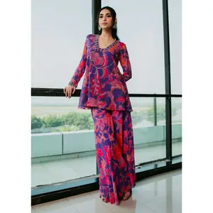 Purple flared embroidered kurta and sharara