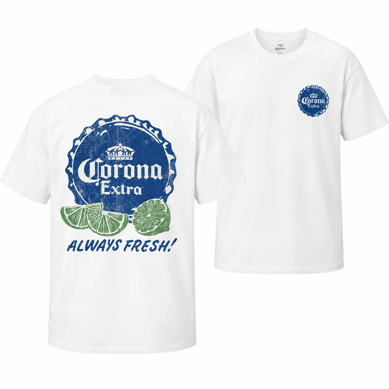 Men’s Vintage Corona Extra Lime Bottle Cap Graphic Tee Double Side Print Always Fresh Beer Cotton T-Shirt For Summer Beach Party Streetwear