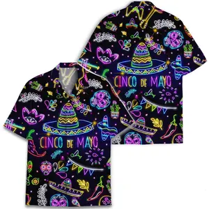Neon Cinco De Mayo Hawaiian Shirt, Mexican Skull and Sombrero Party Shirt, Cinco De Mayo Party Festival Aloha Shirt for Adults and Youth