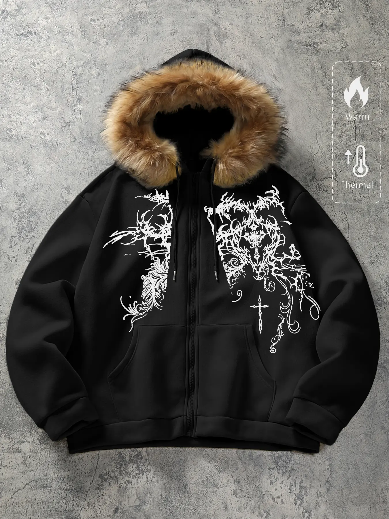 Men's Abstract Graphic Pattern Print Hoodie with Zipper Fur Collar, Fall & Winter Casual Fitted Long Sleeve Sweatshirt, Street Style Jacket
