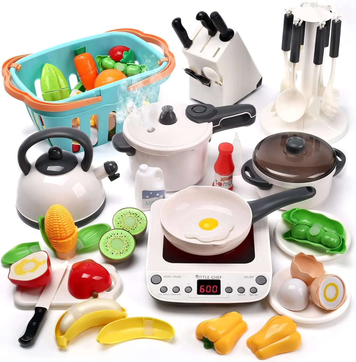 Cute Stone Unisex Kid Pretend Play Kitchen Set - Miniature Shop Set with Induction Cooktop, Pressure Cooker, Frying Pan, Batteries, Safe Child-Sized Play Kitchen Accessories
